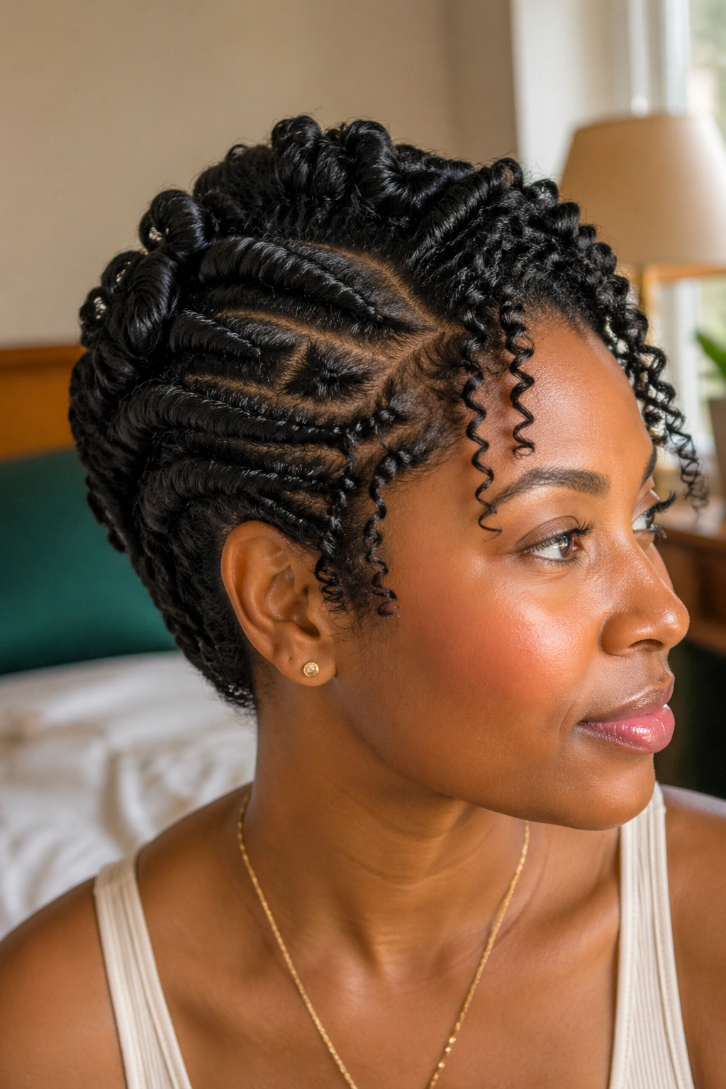 Close-up of a real woman with twist-and-pin comb-defined updo in warm natural light