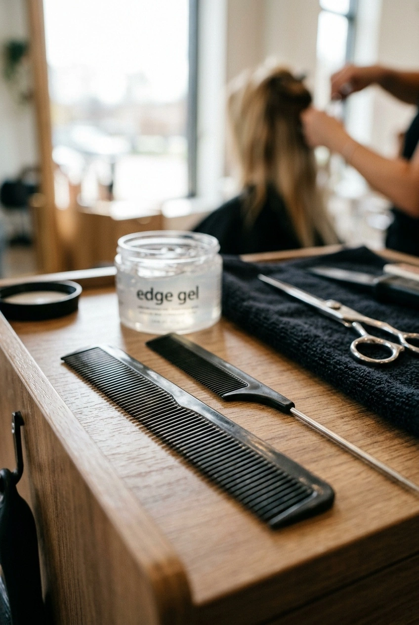 Close-up of essential blonde installation tools on a bright salon desk.