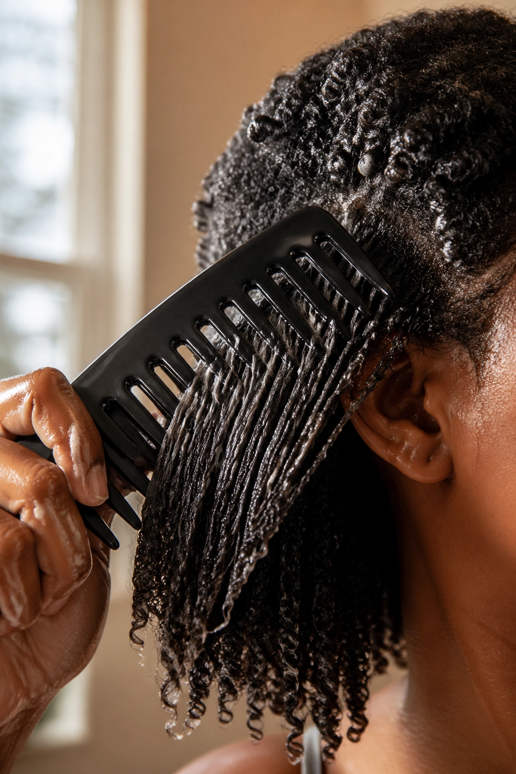 Close-up of wide-tooth comb through wet natural hair on a real person