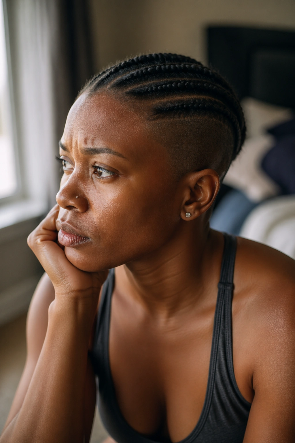 Thoughtful close-up of a real person with shaved sides, contemplating long-term commitment.