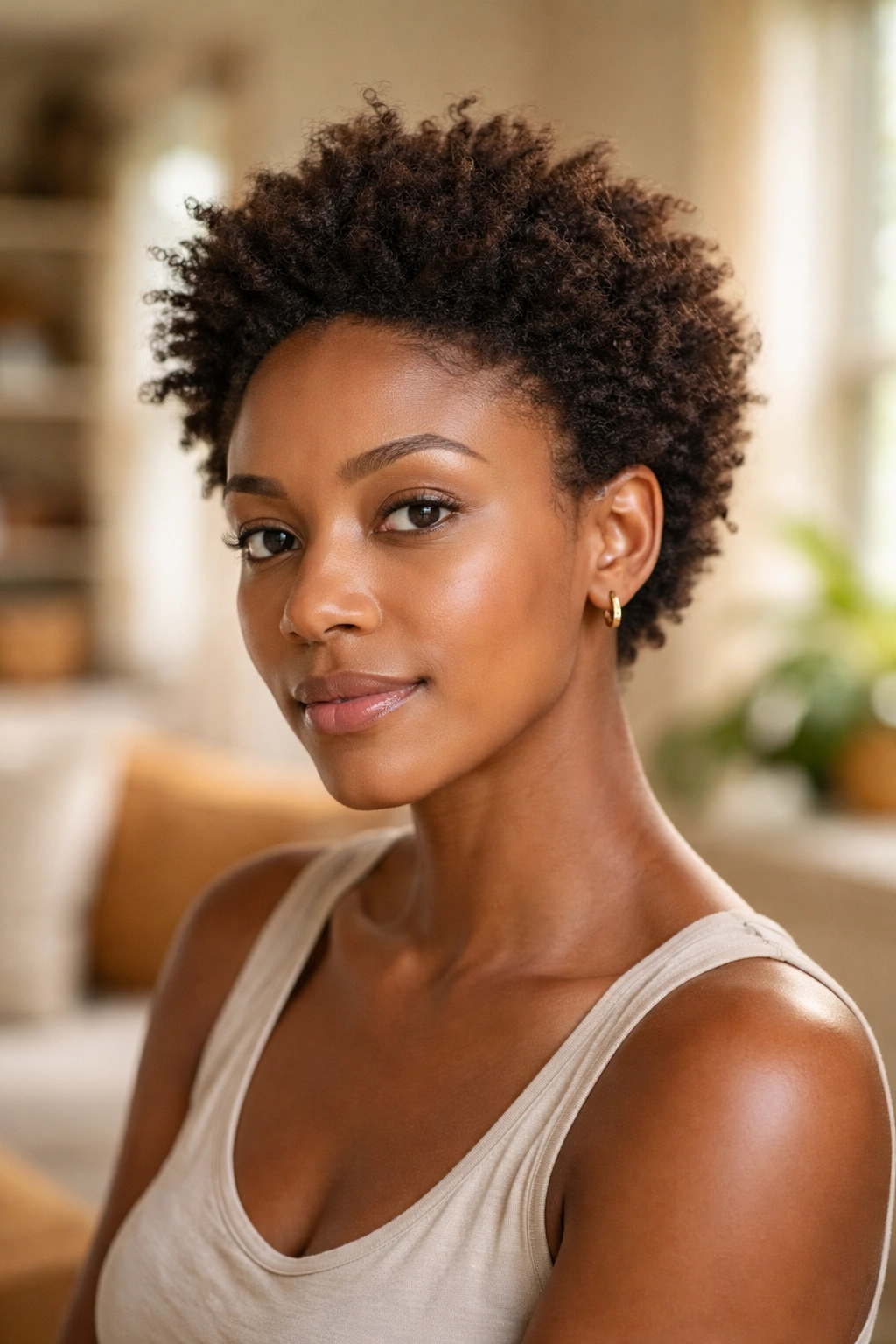 Portrait of a woman with a short afro showing uneven edges and frizz as common mistakes