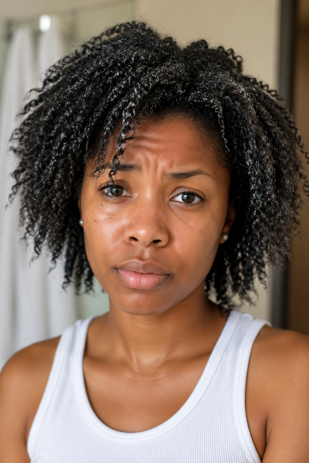 Close-up of a real woman with overly product-crunchy afro hair.