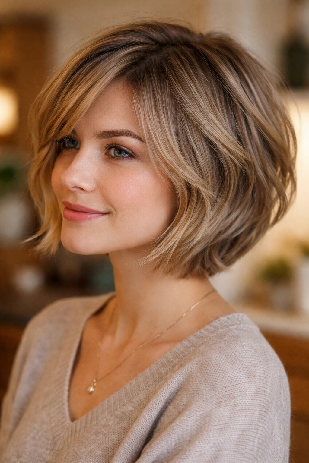 Close-up of real woman with compact layered bob for fine hair