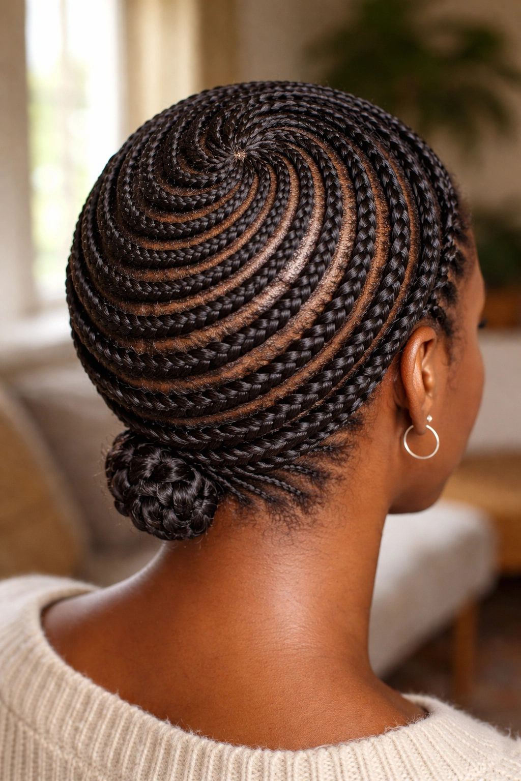 Close-up of a real woman with concentric flat twists spiraling from the crown