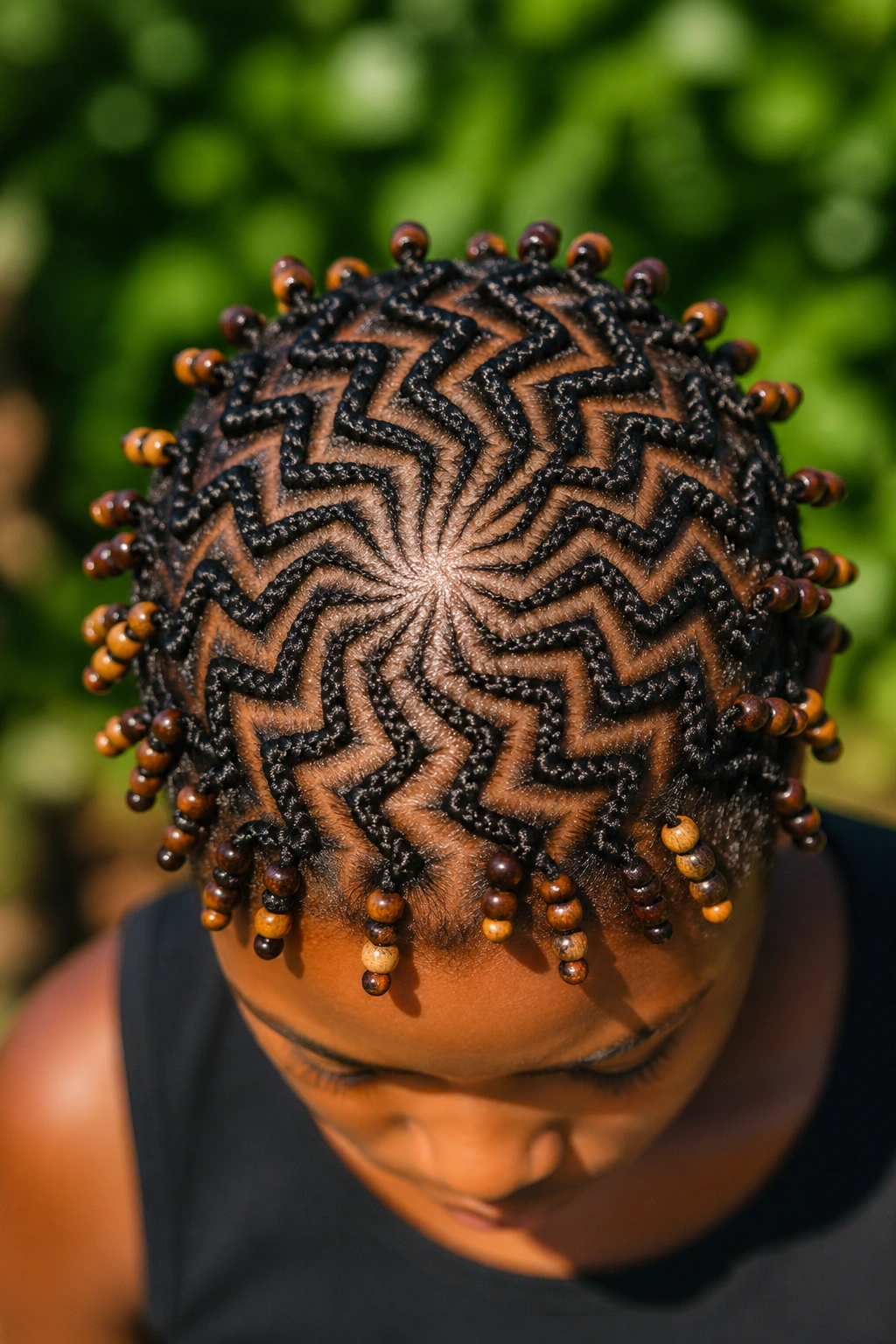 Top view portrait of a real person with concentric zigzag spirals around the crown and beaded tips