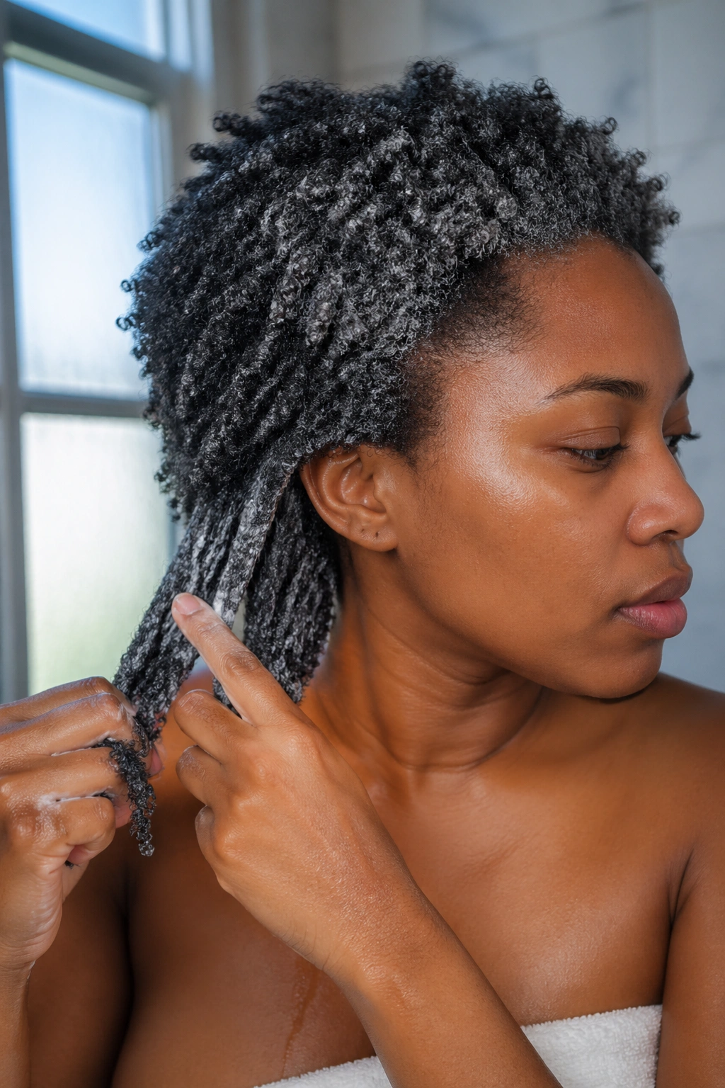 Portrait of a real person detangling conditioned hair in a bathroom.