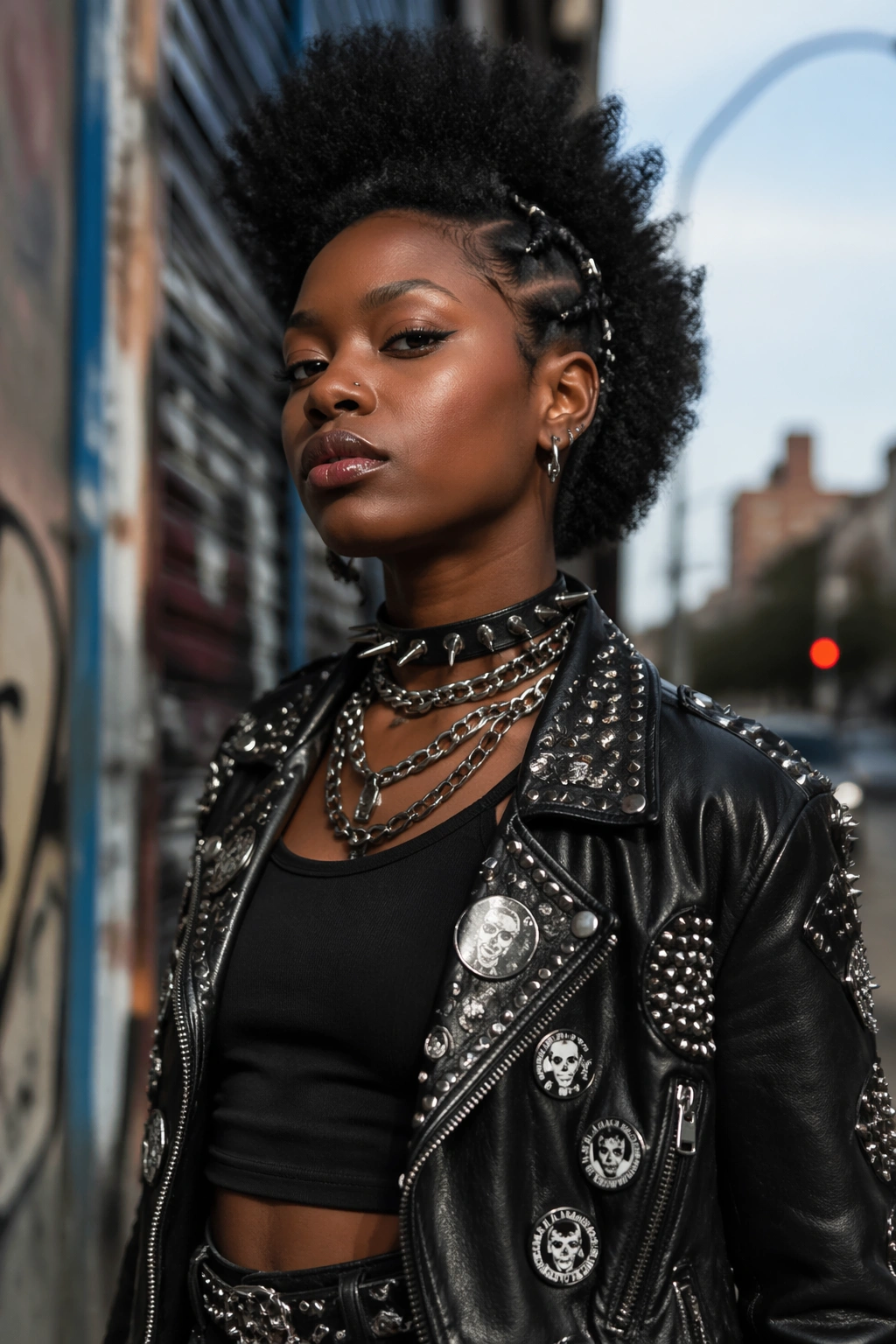 Medium close-up portrait of a confident person wearing bold Afro Punk style on the street
