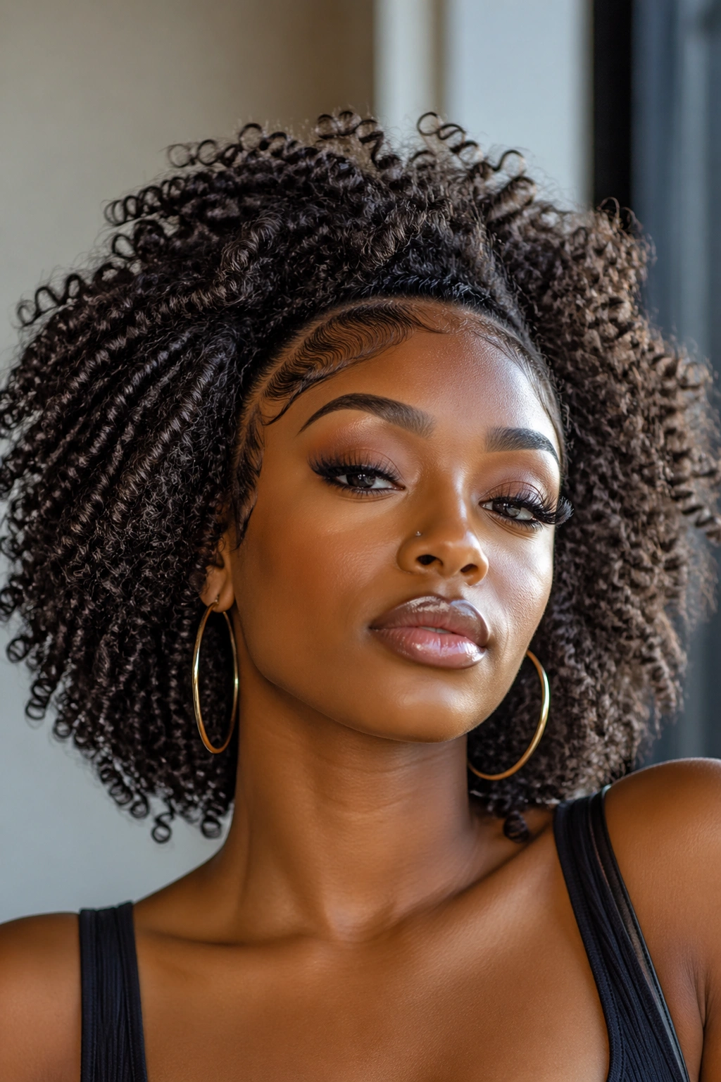 Close-up portrait of a real woman exuding confidence with natural curls
