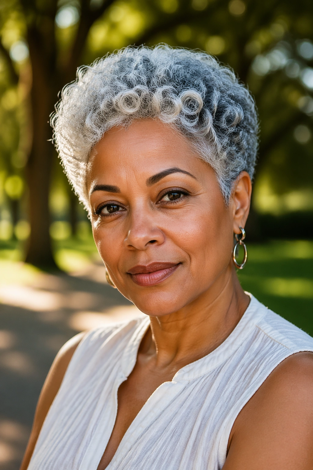 Outdoor head-and-shoulders portrait of a confident woman with short grey curls