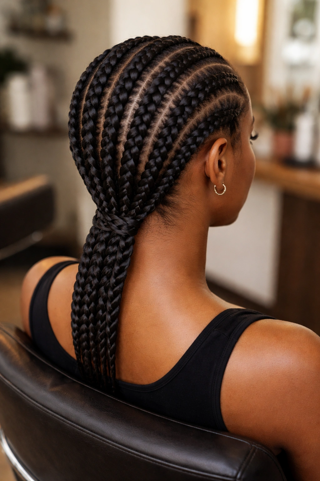 Rear three-quarter portrait showing straight back cornrows with connected tips at the nape