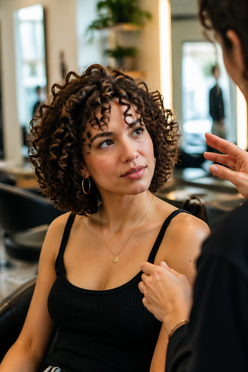Close-up of a real person in a salon chair during a hair consultation