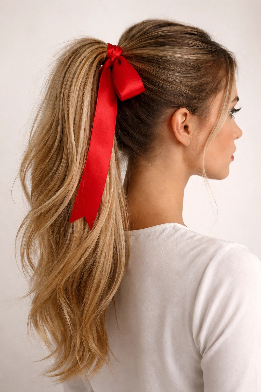 High ponytail with bright ribbon color contrasting against hair