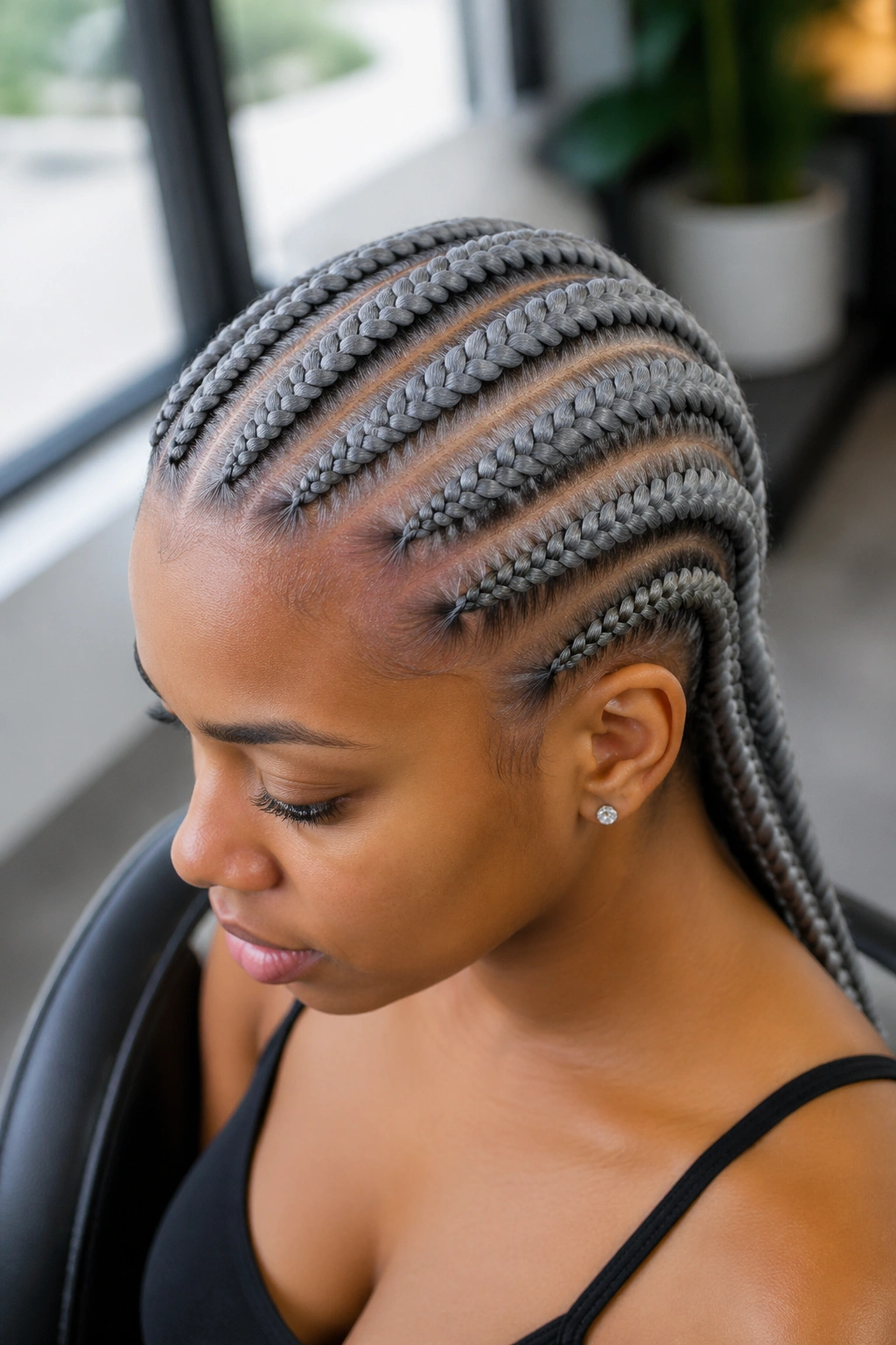 Close-up of a real woman with eight cool gray cornrows running straight back in a salon