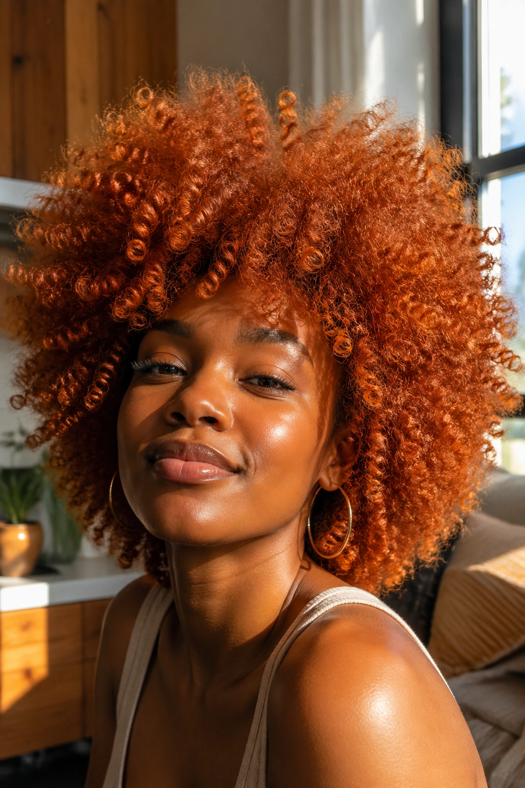 Close-up of a real woman with a voluminous copper afro in warm window light.