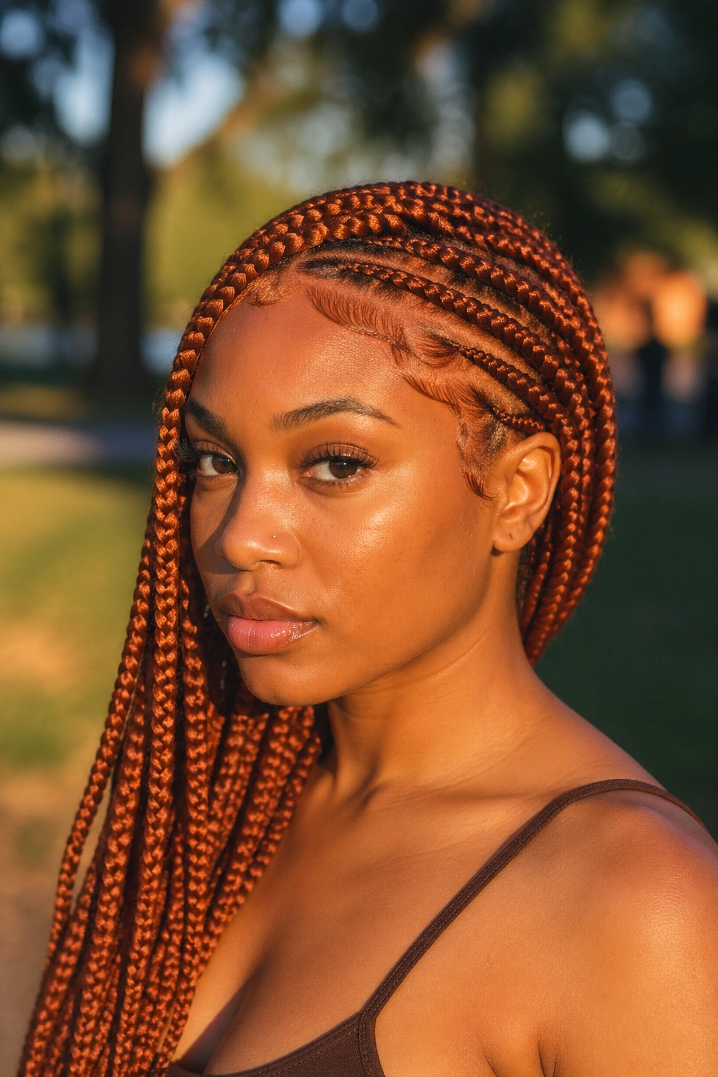 Close-up of a real woman with copper and auburn lemonade box braids at golden hour