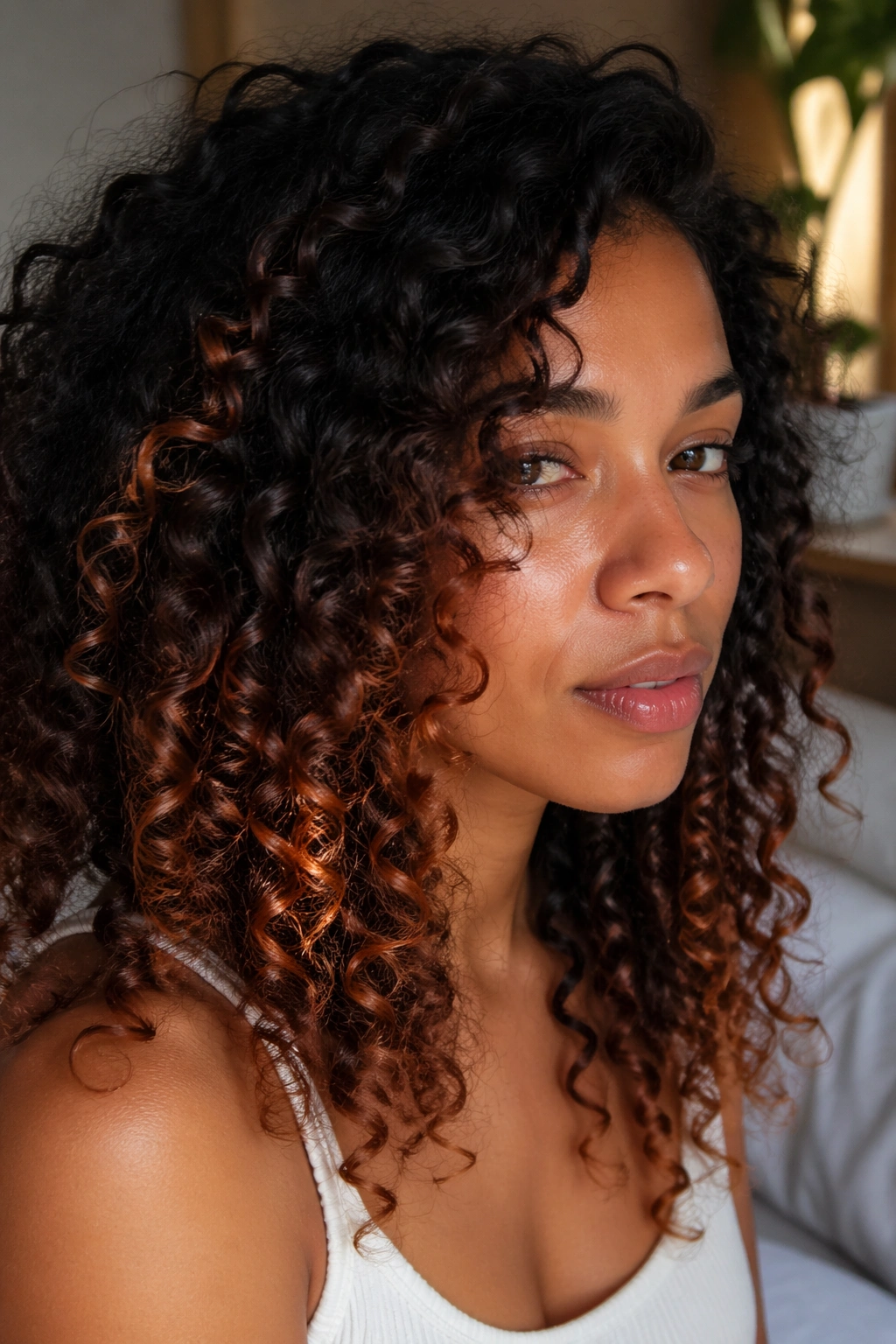 Close-up of a real woman with copper balayage curls on dark hair