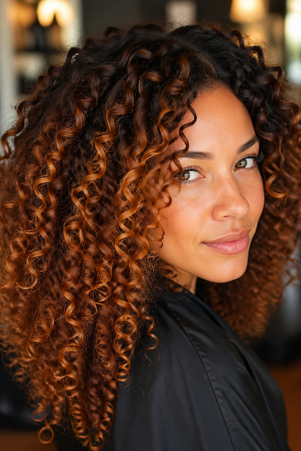 Close-up of a real person with copper balayage on curly hair.