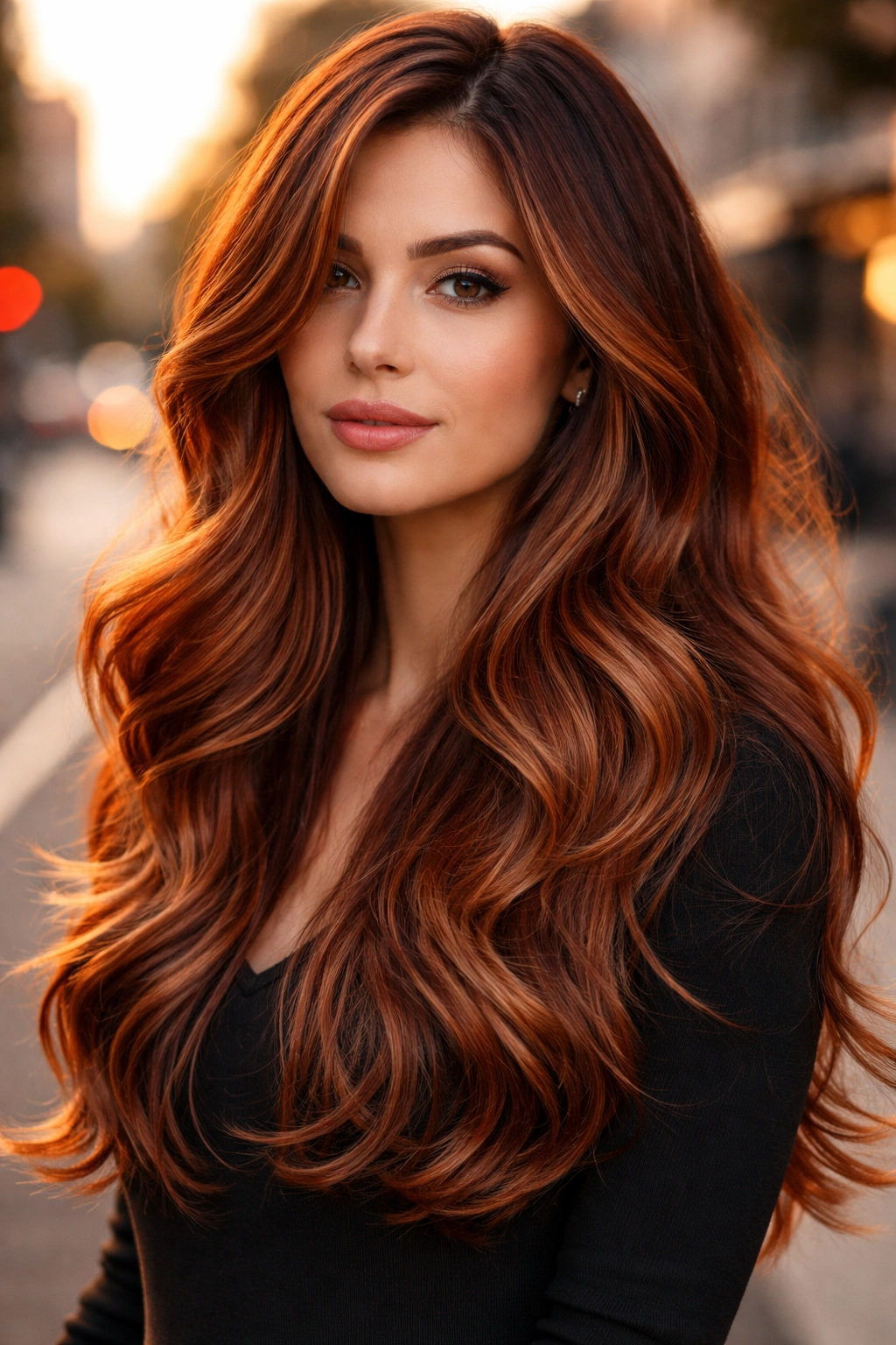 Portrait of a woman with copper balayage layered hair in golden hour outdoor setting.