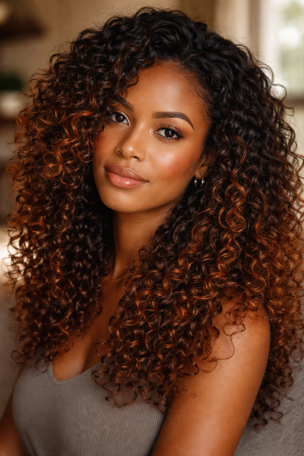Close-up portrait of a woman with copper balayage on natural curls
