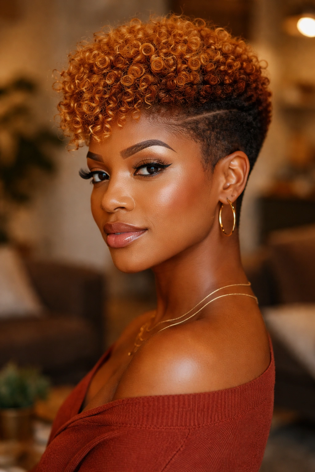 Real woman with copper blonde crown and tapered sides