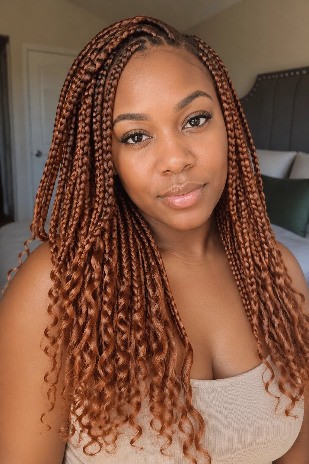 Close-up of copper box braids with curly ends on a real woman in warm bedroom light