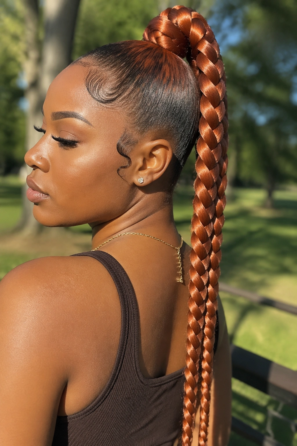 Close-up of a real Black woman with a copper braided ponytail