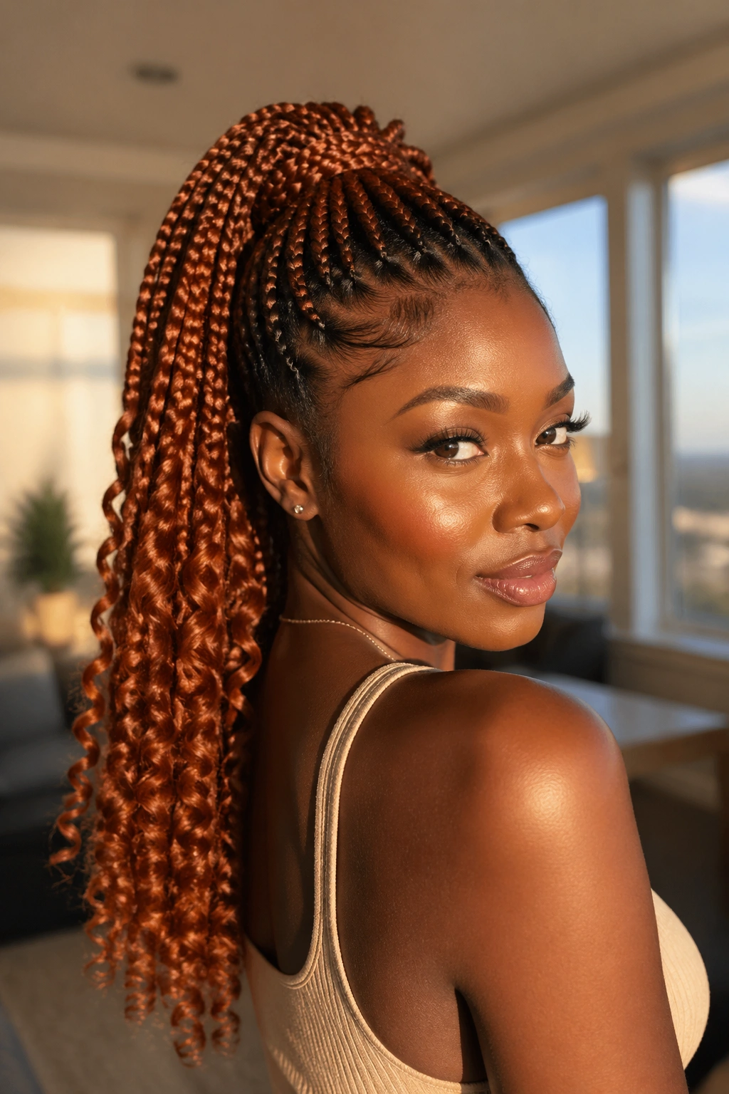 Close-up of a real Black woman's copper braided ponytail with curly ends.