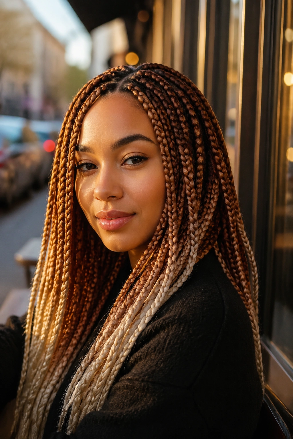 Close-up of a real woman with Copper-Brown Box Braids With Blonde Ends