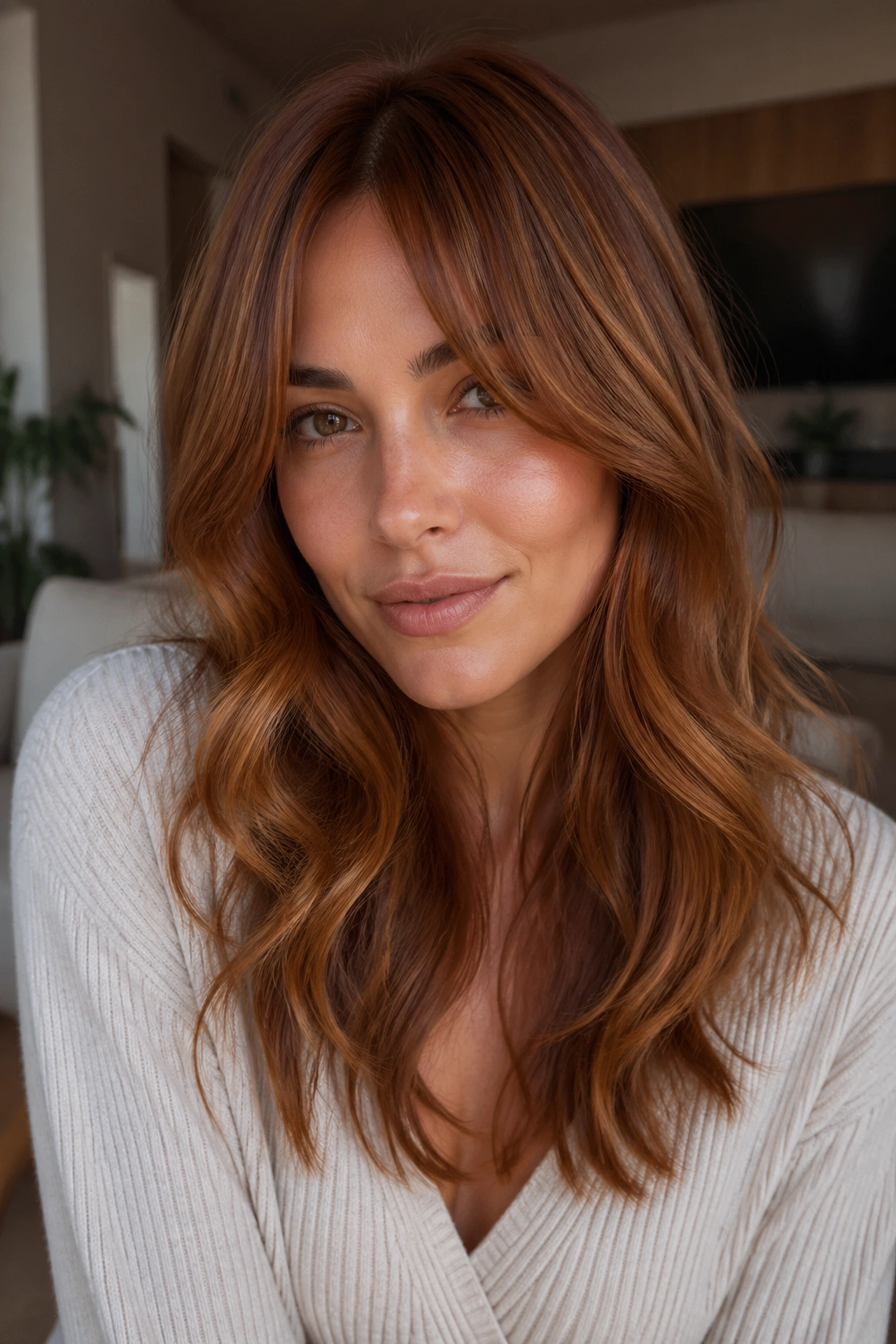 Close-up of a real woman with copper-brown waves and long soft bangs in warm indoor light