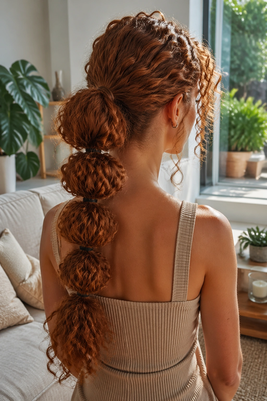 Back-angled portrait of a real woman with a copper bubble ponytail showing defined curls