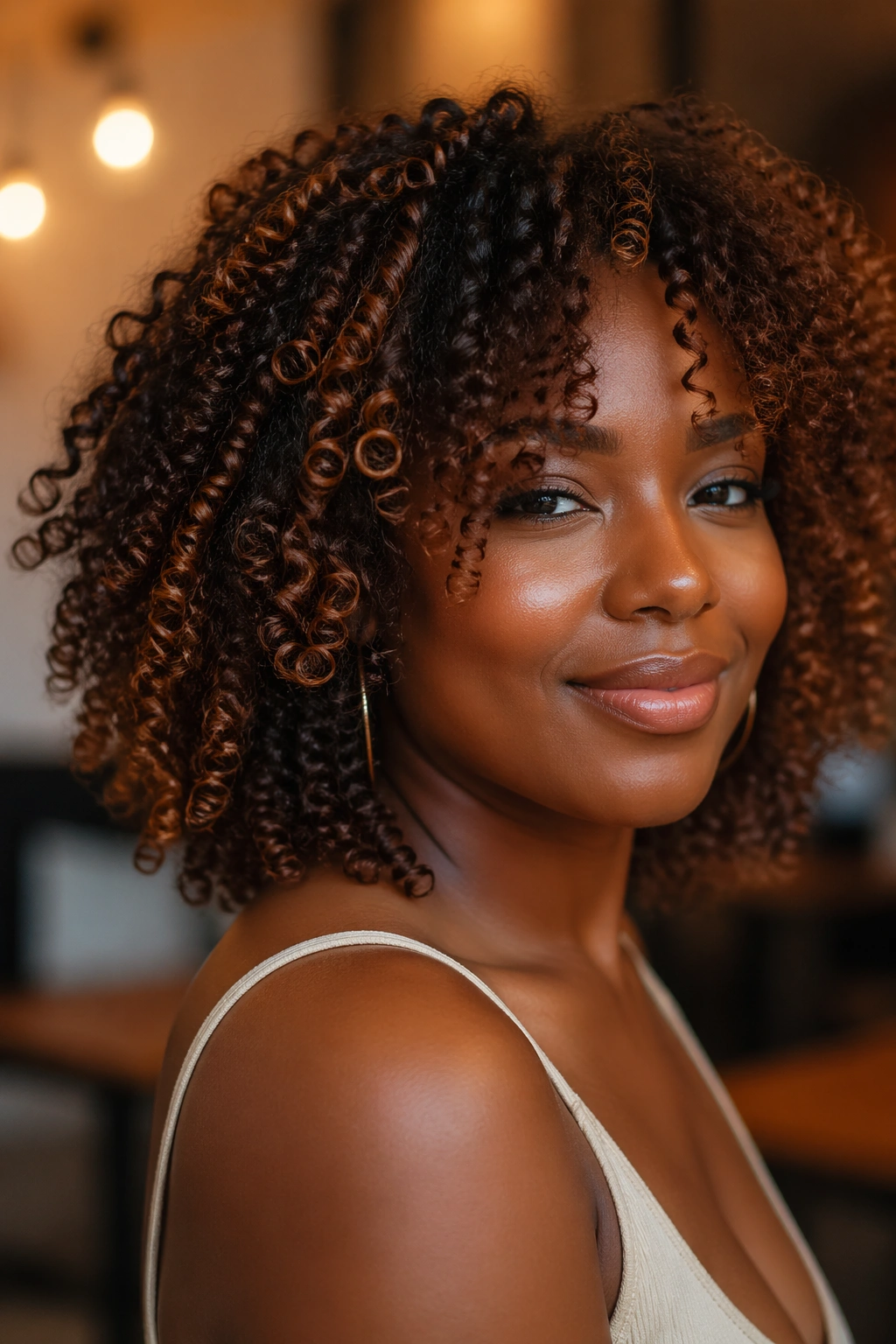 Close-up of real person with copper-caramel highlights on natural hair for deep skin tones
