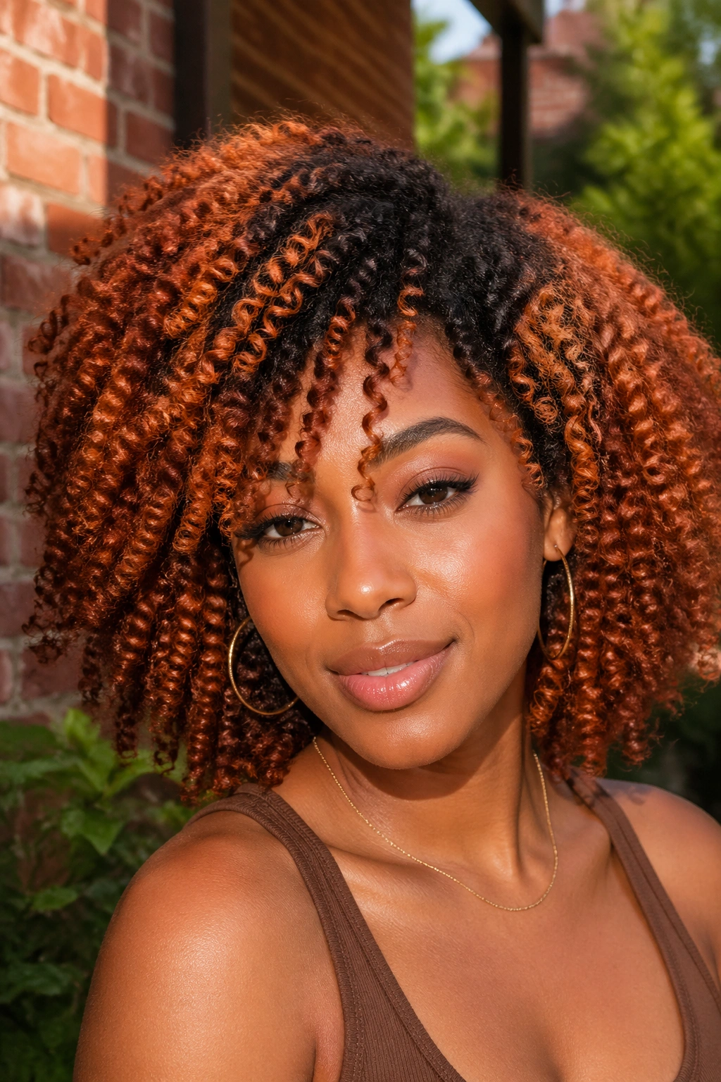 Close-up of a real woman with copper-colored curls on natural hair.