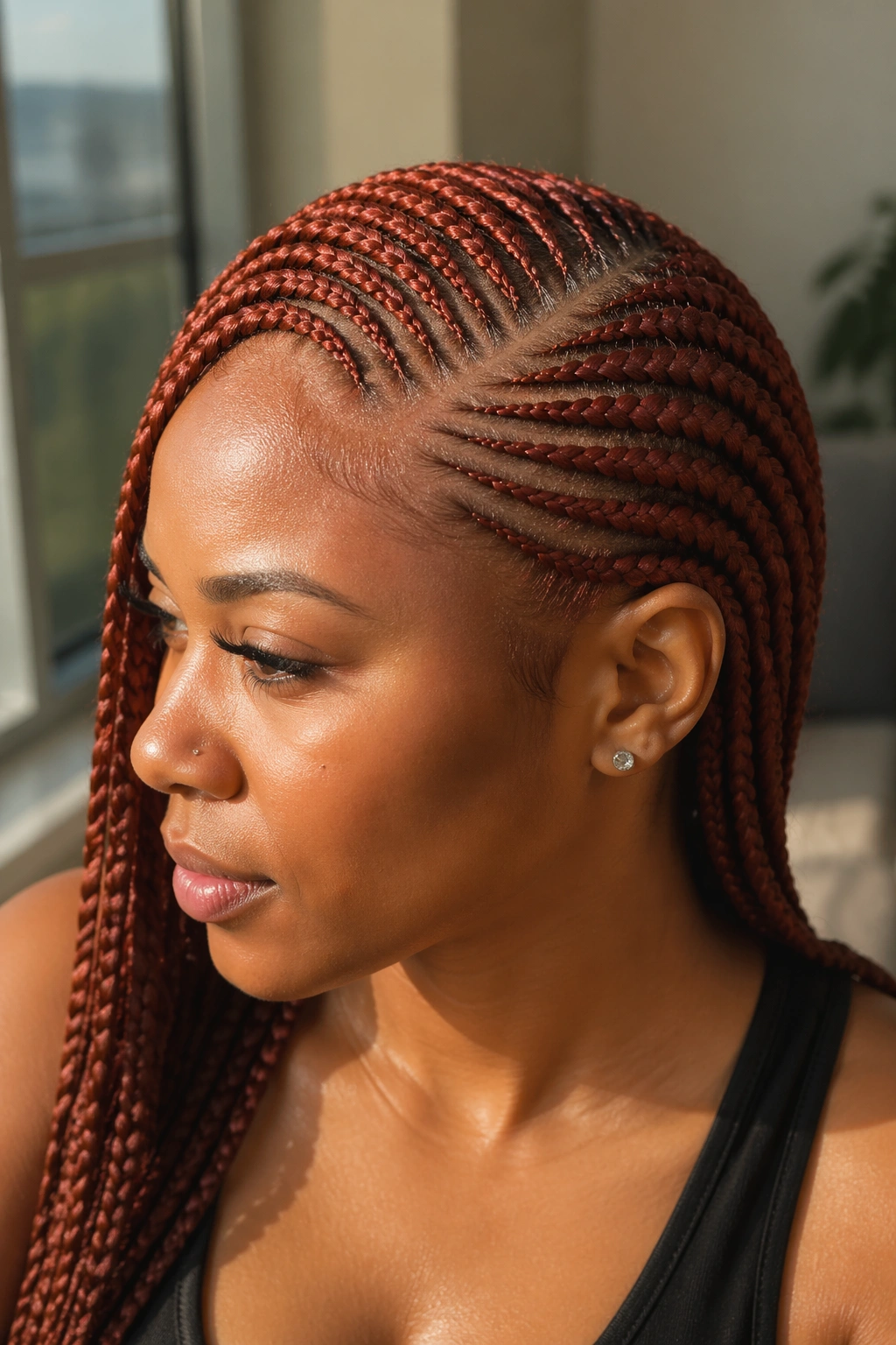 Close-up portrait of copper-red feed-in cornrows with a side part on a real person in warm window light.
