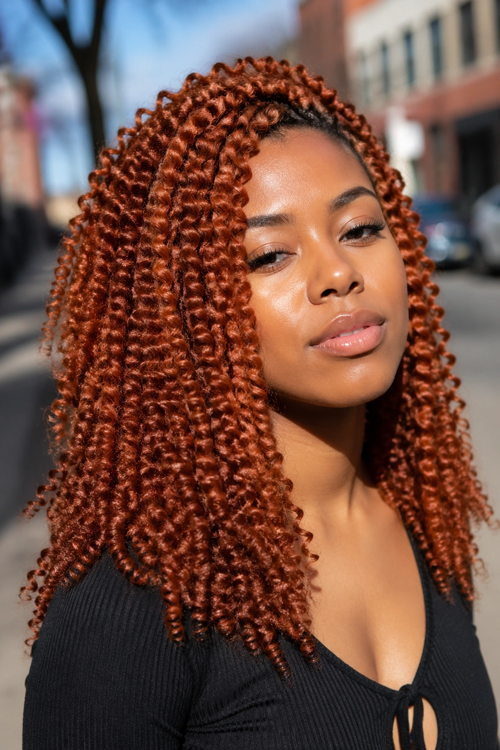 Close-up of real woman with copper crochet braids outdoors.