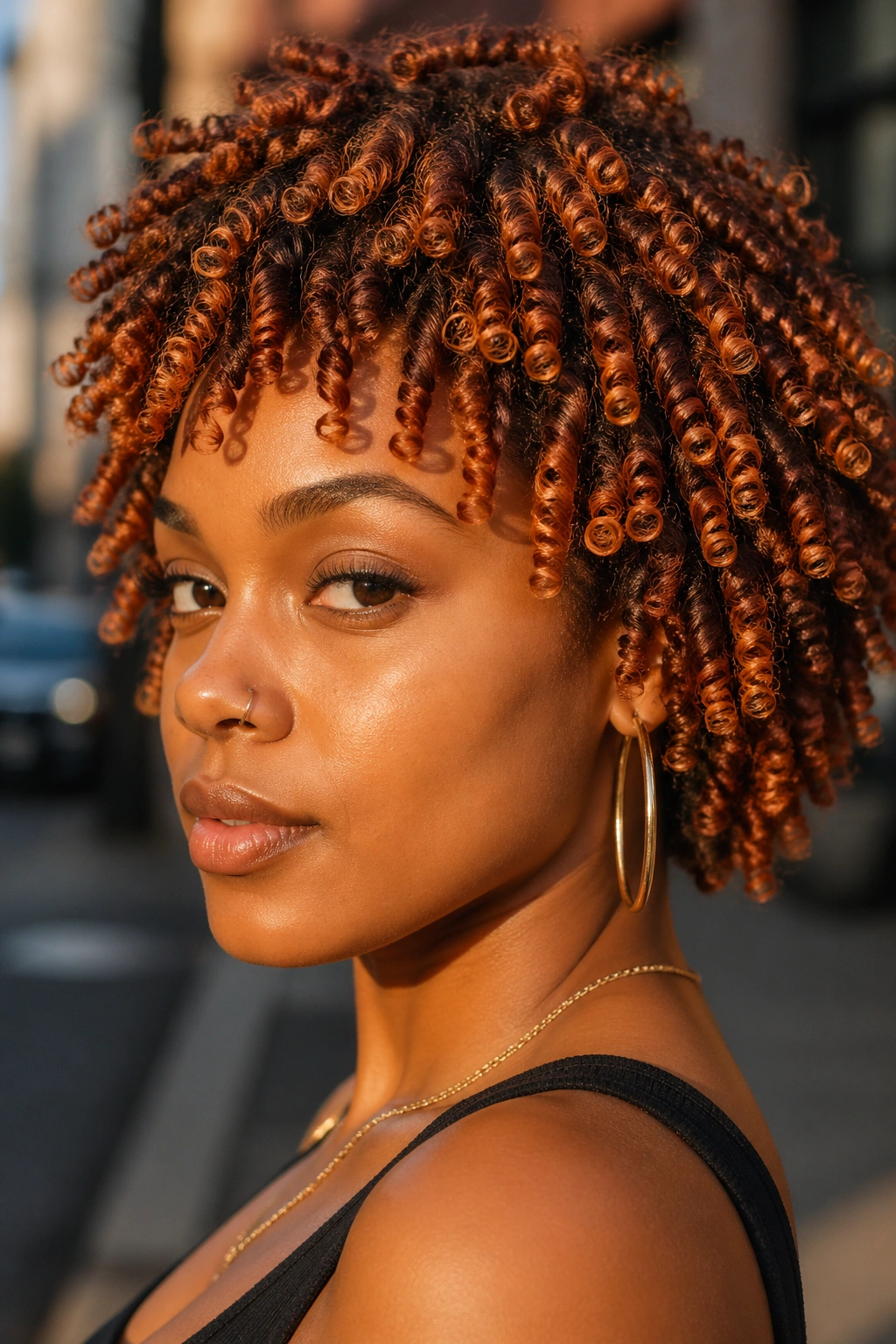 Close-up of a real woman with copper defined coil-out