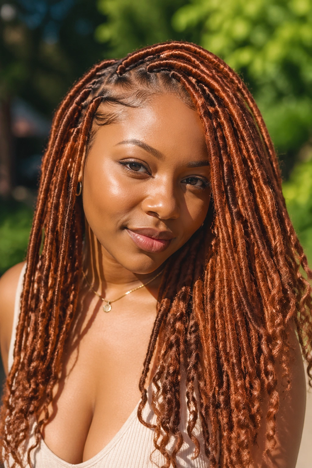 Real woman with copper faux locs in an outdoor setting.