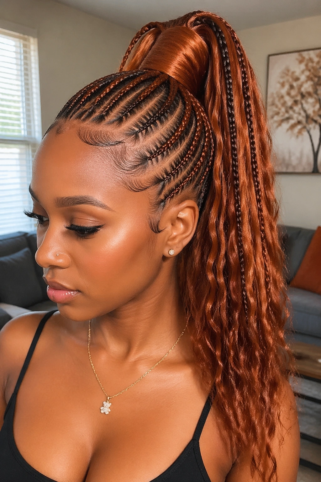 Close-up of a real Black woman with copper feed-in ponytail, front flat, back fullness