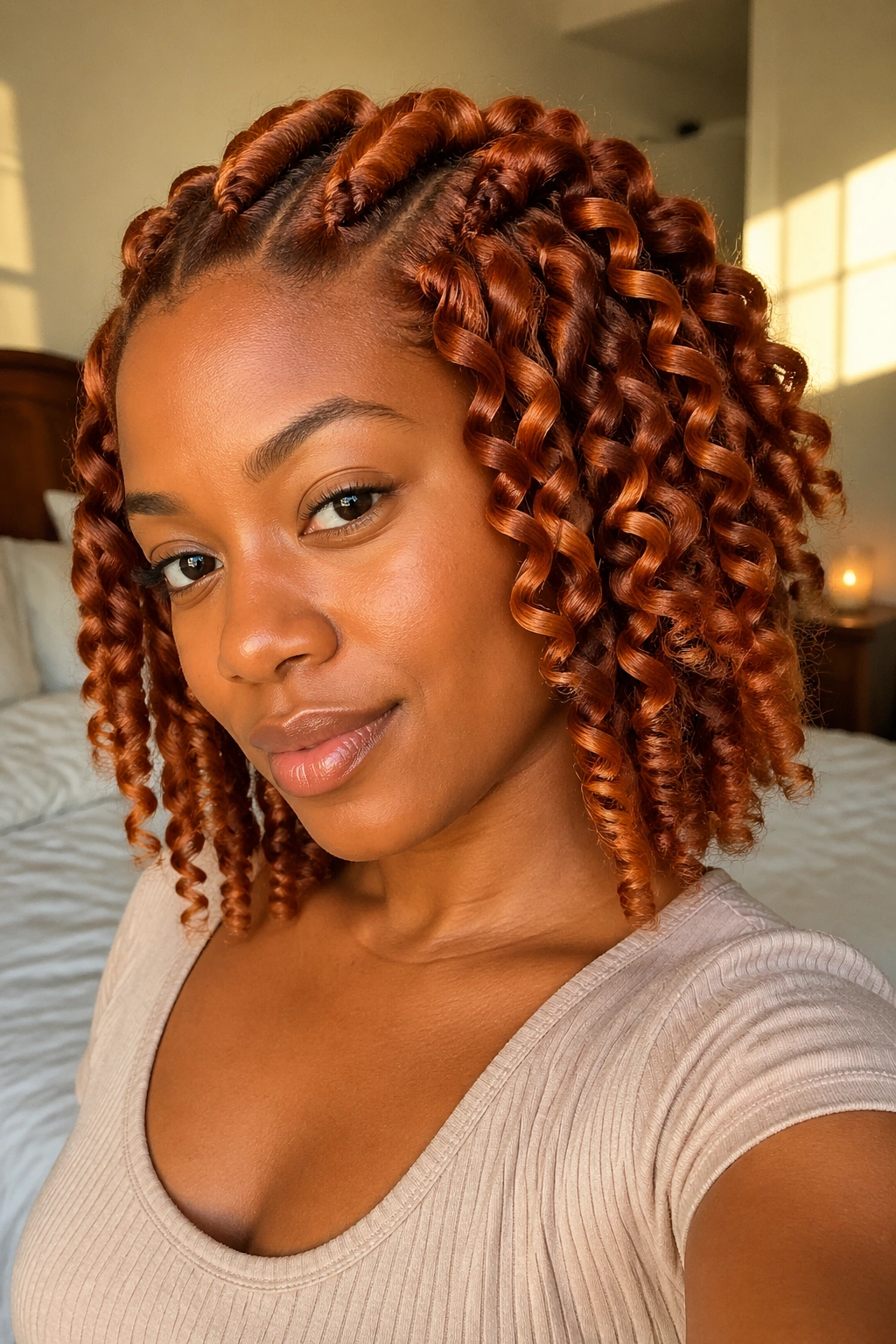 Close-up of copper flat twist-out on a real woman, S-wave curls