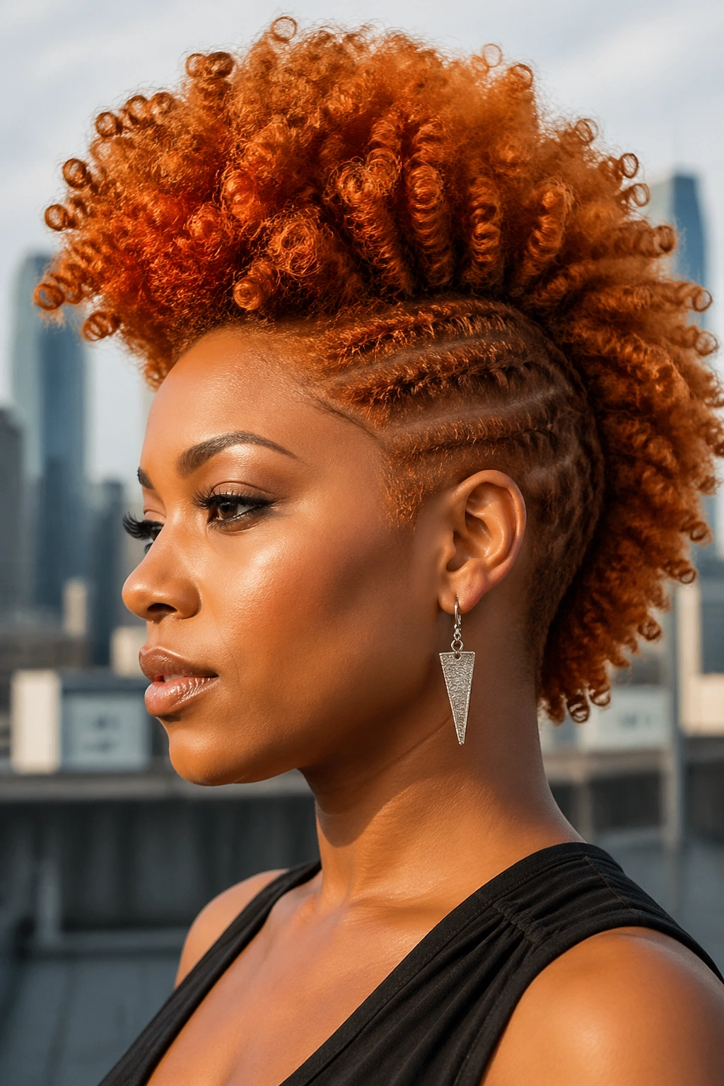 Close-up of a real woman with a copper frohawk