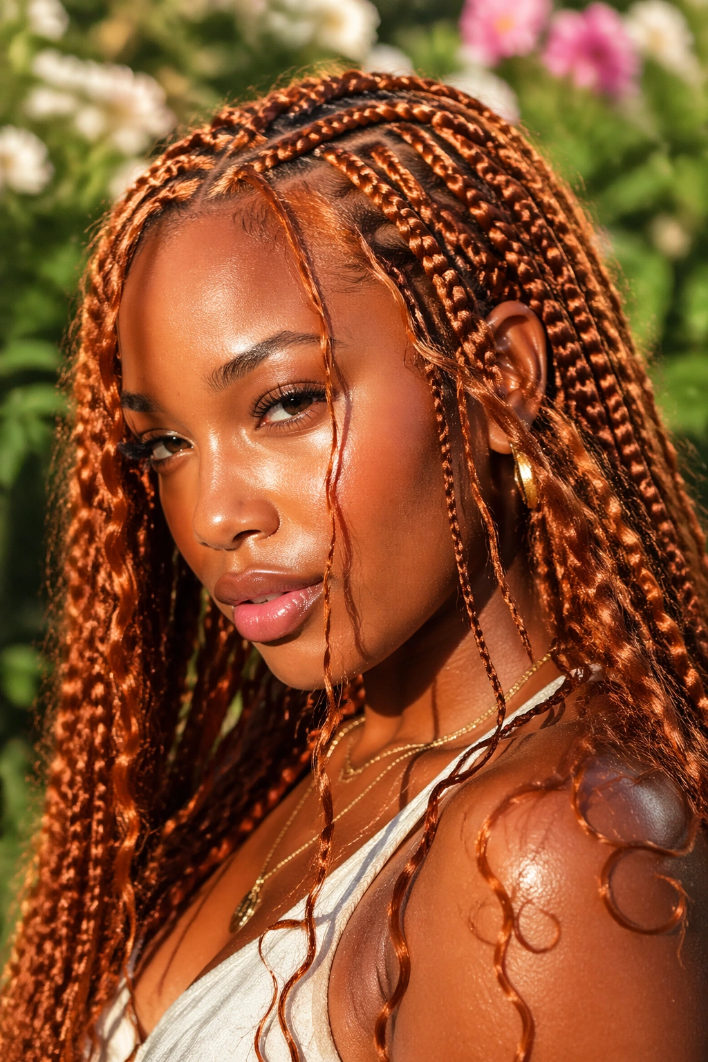 Close-up of copper ginger goddess braids with tendrils framing the face in sunlit garden setting