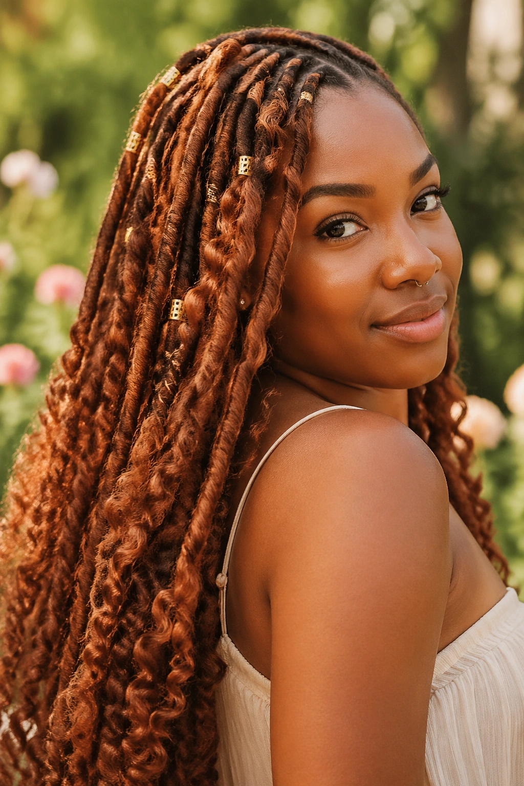 Close-up of a real woman with copper goddess locs
