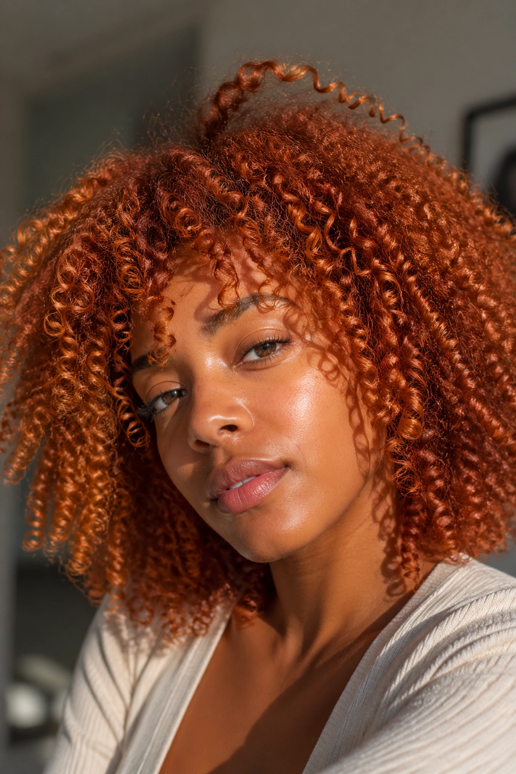 Close-up of a real person with natural copper-toned curly hair in warm window light
