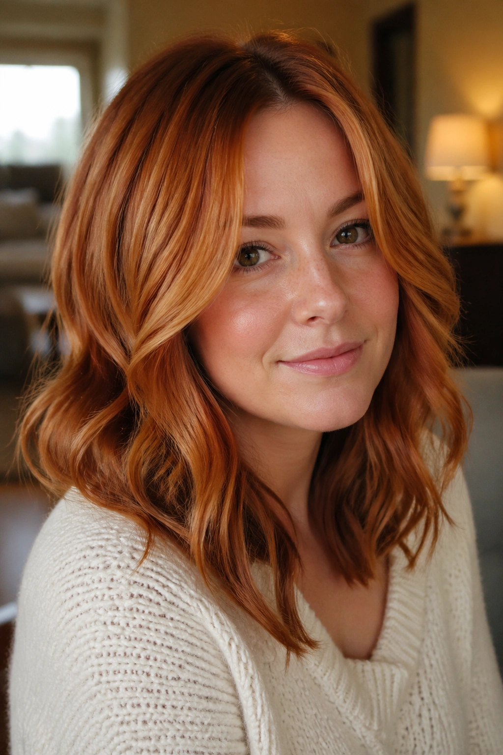 Close-up of a woman with copper shoulder-length waves and soft face-framing layers in warm light