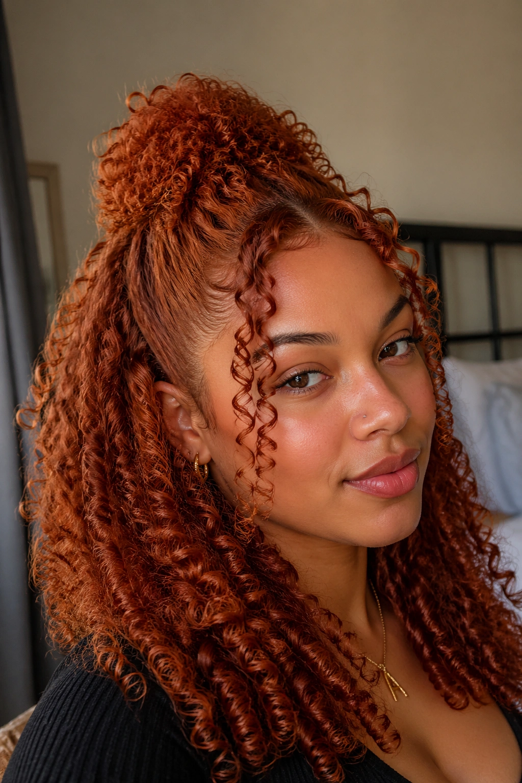 Real woman with copper half-up half-down hairstyle in soft light.