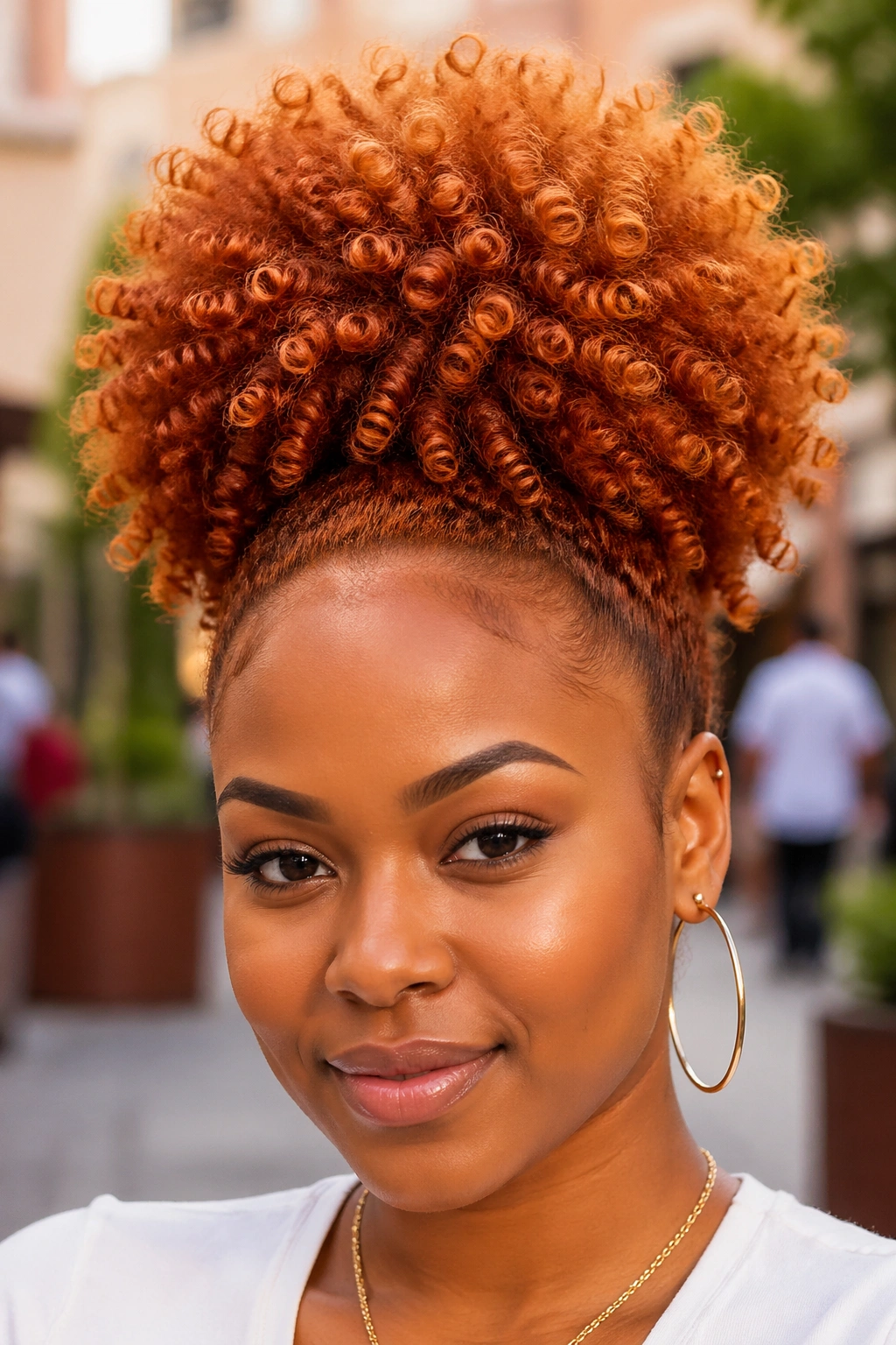 Close-up of a real woman with a copper high puff