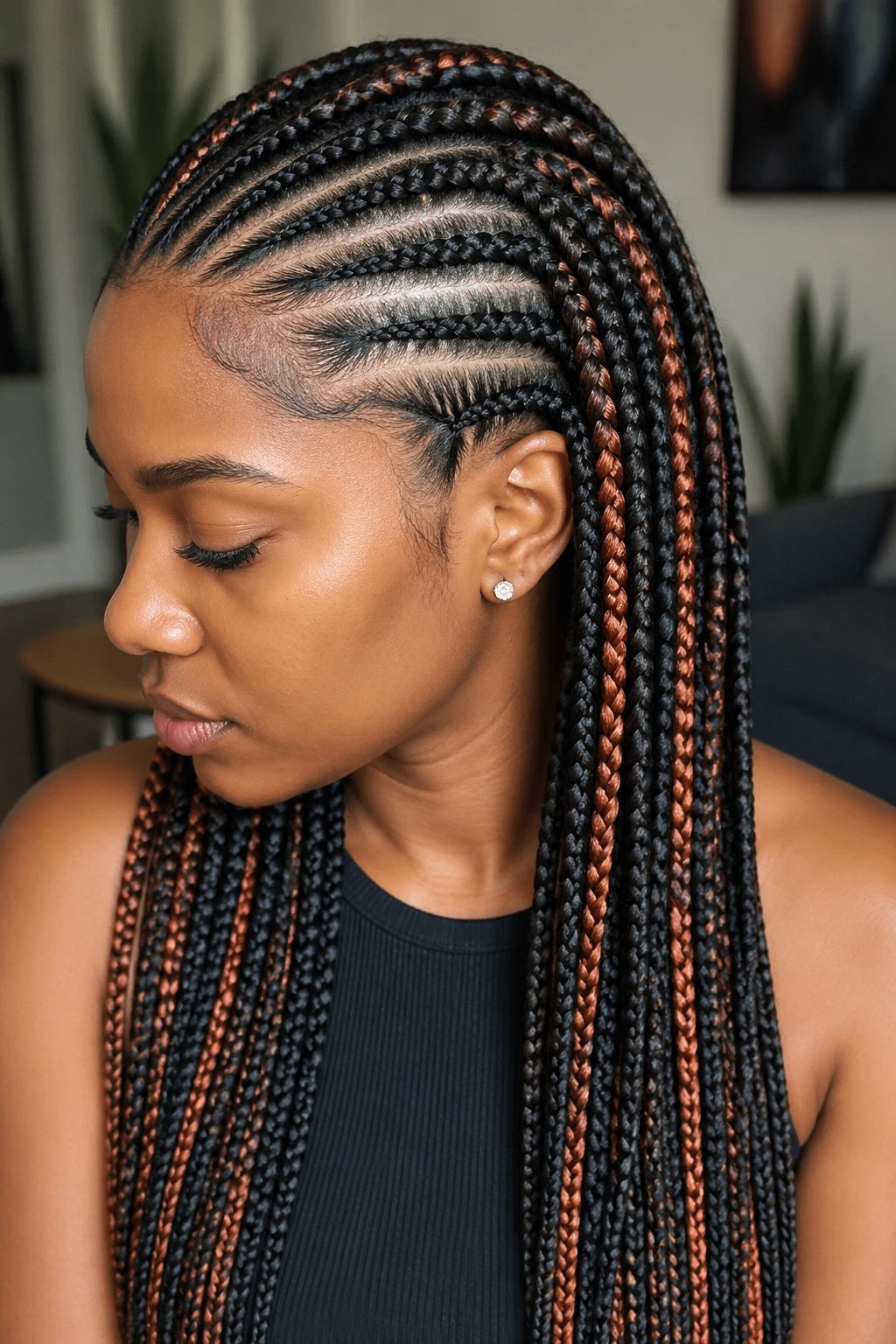 Close-up of natural cornrows and copper-highlighted box braids on a real person.