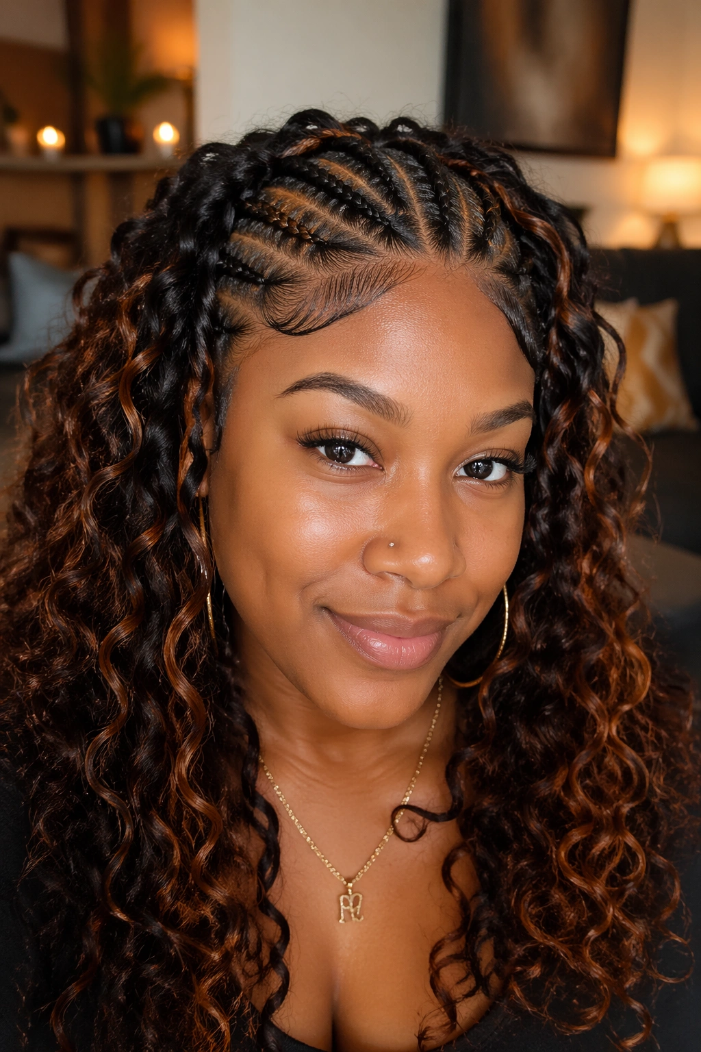 Close-up of copper-highlighted bohemian cornrows on a real woman