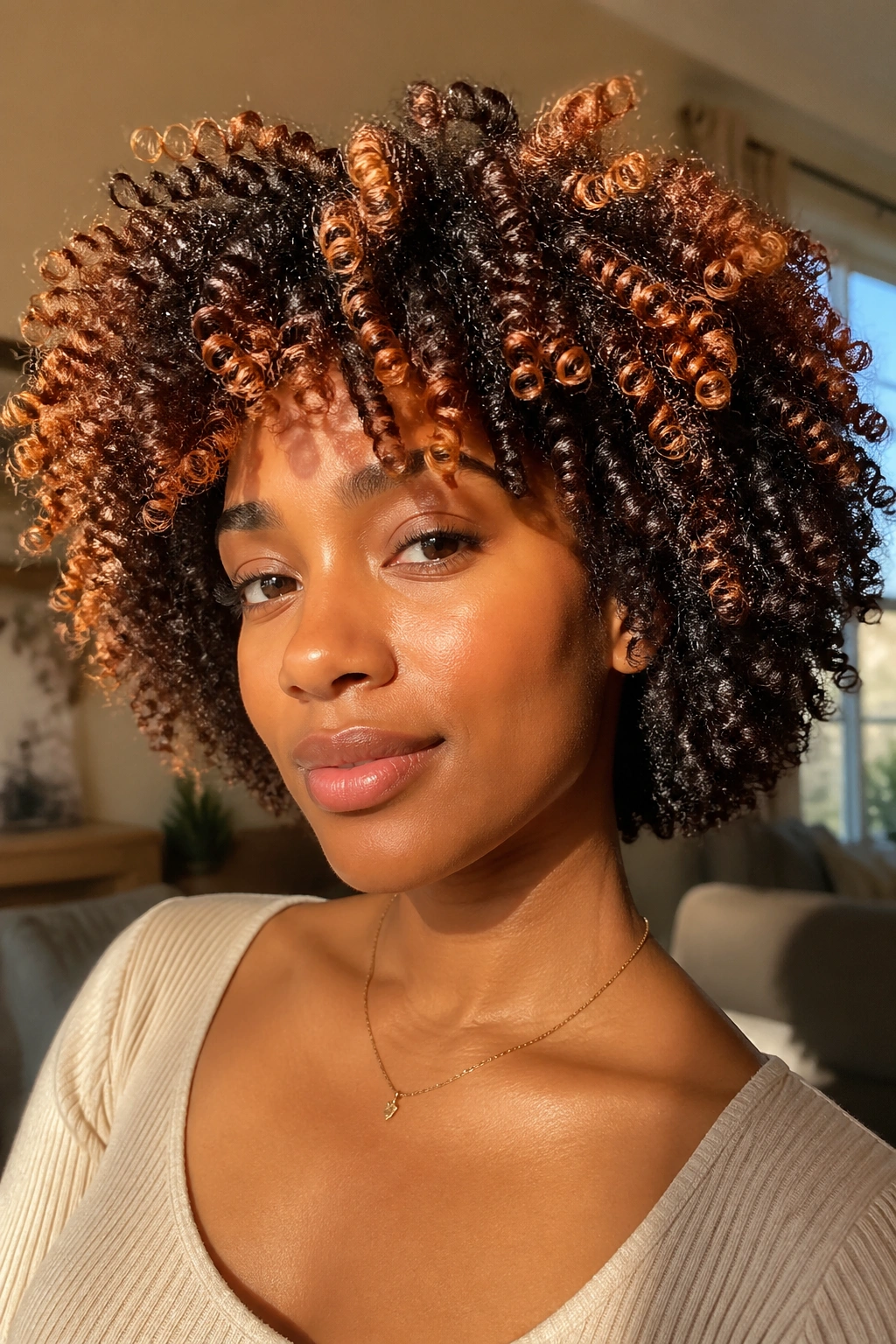 Close-up of a Black woman's copper-highlighted natural curls