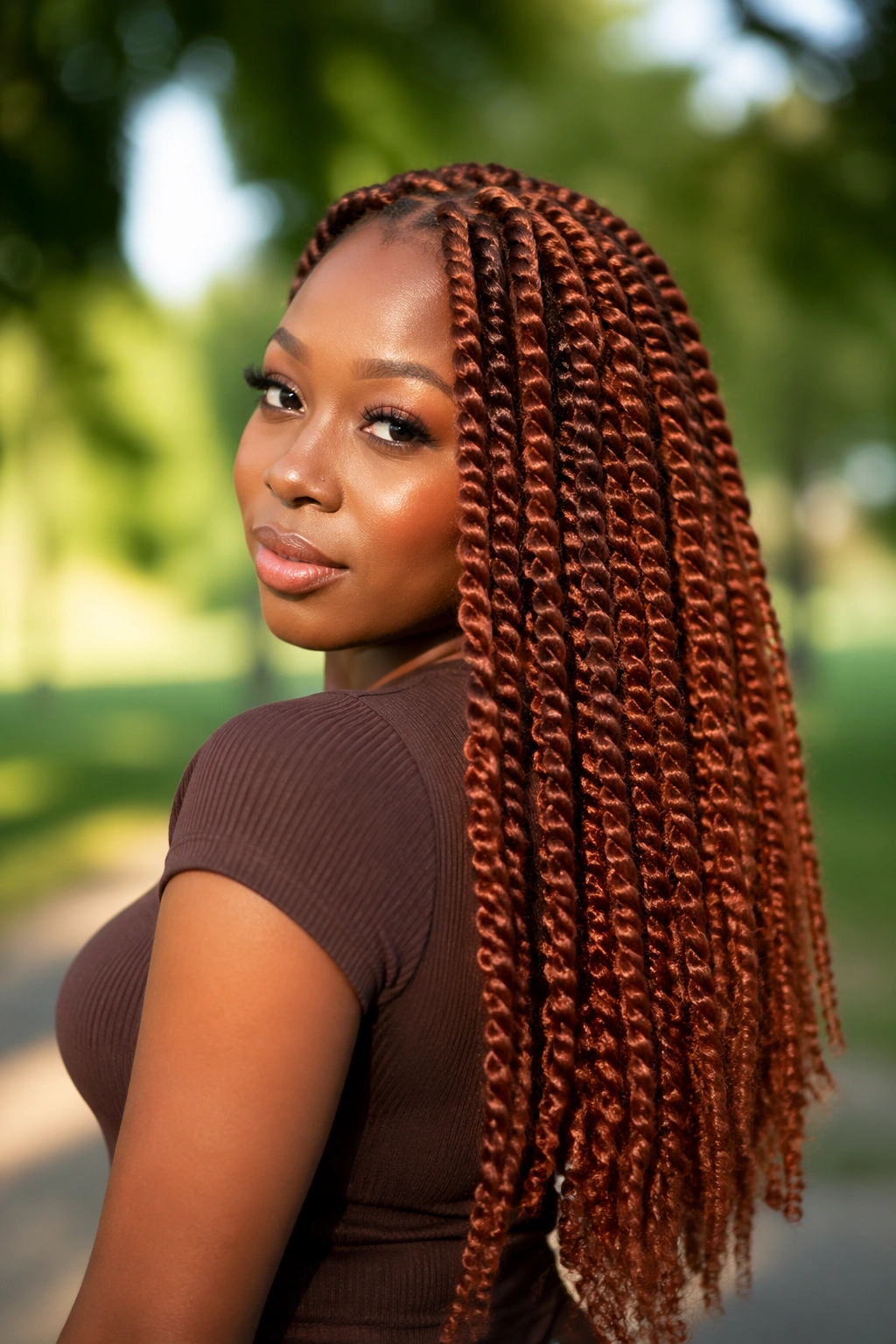 Real woman with copper kinky twists in a sunlit park.