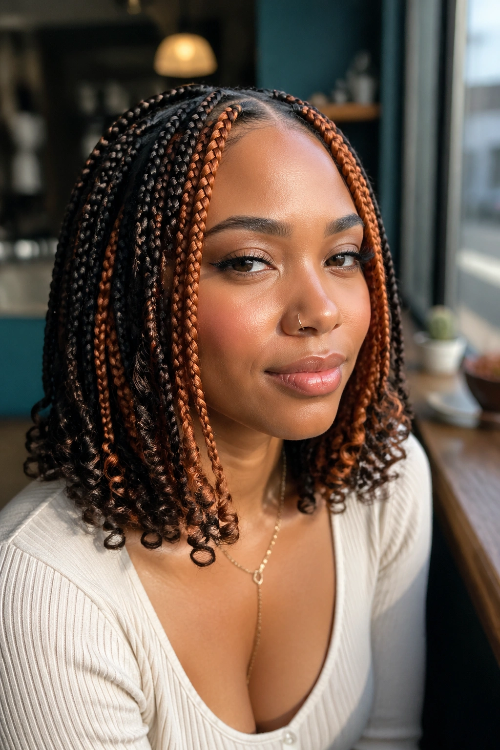 Close-up portrait of a woman with copper panels in knotless braids and curly ends.